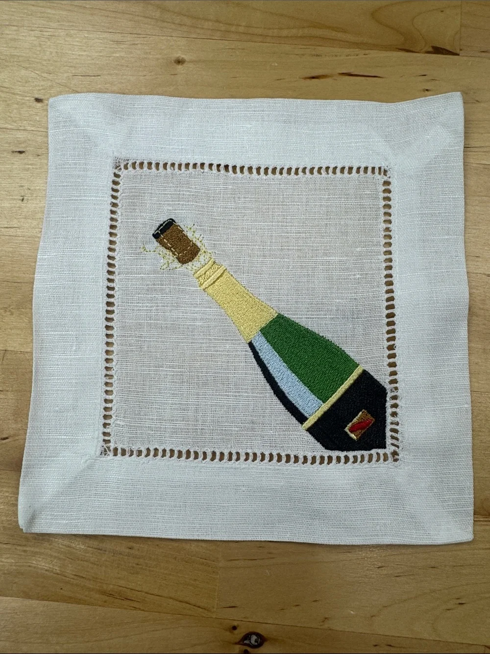 Champagne Bottle Embroidered Linen Cocktail Napkins - White/Green
